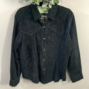 Wilsons Leather Maxima Black Leather Suede Snap Front Shirt Jacket L